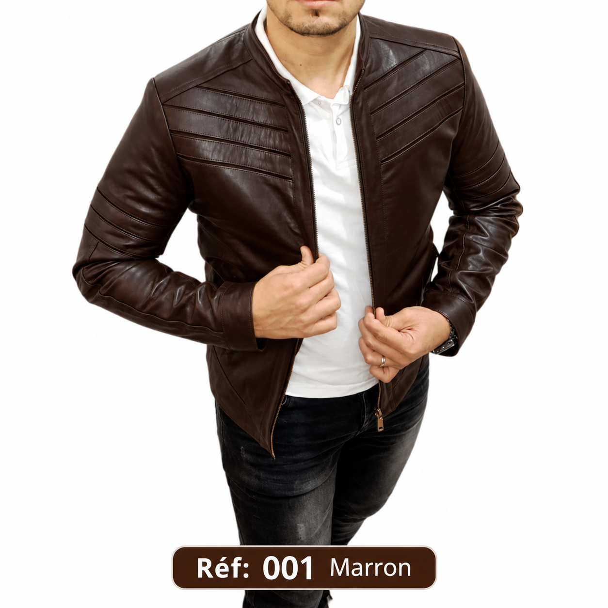 Veste en cuir MAZIRA col montant Réf. 001 Marron