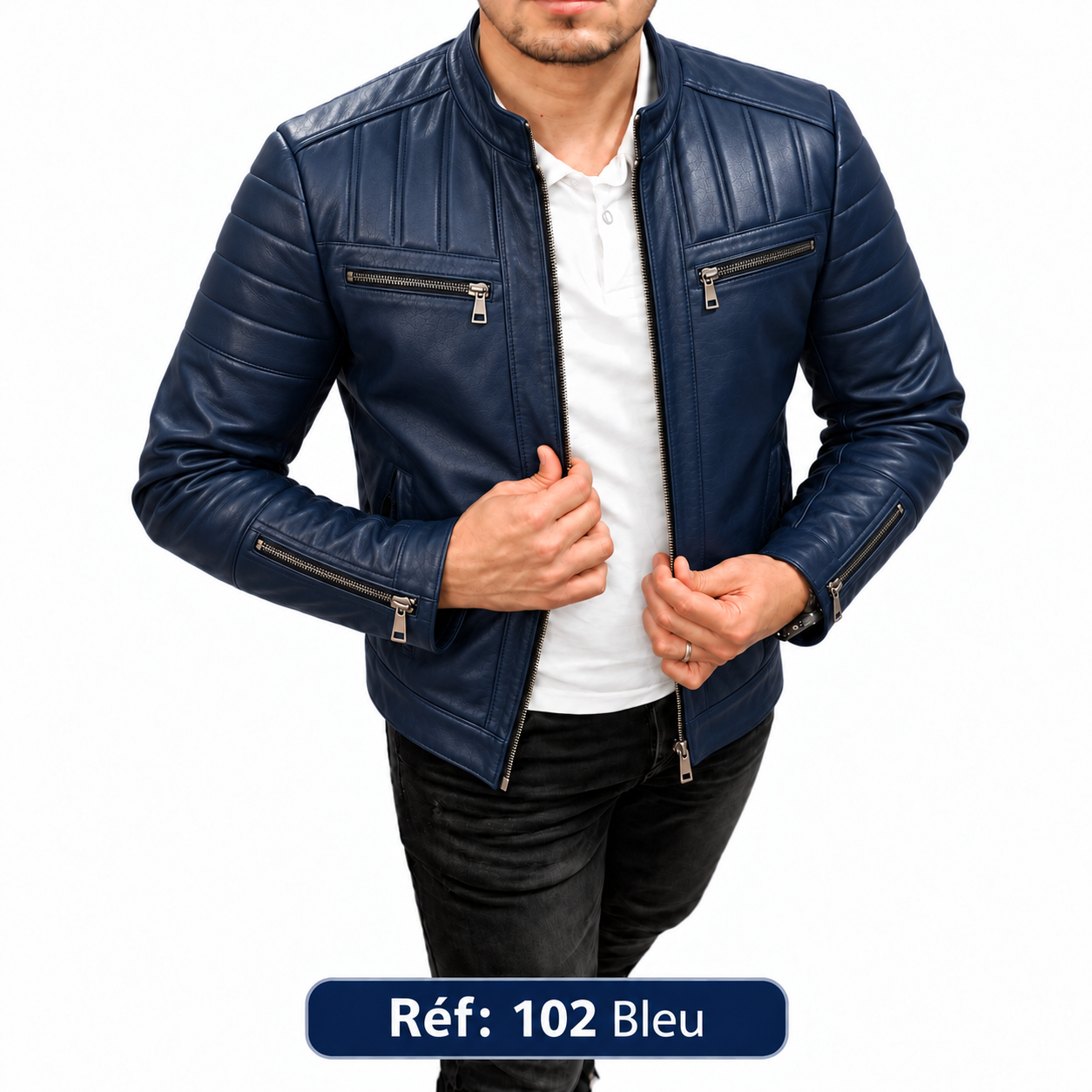 Veste motard en cuir MAZIRA Réf. 102 Bleu
