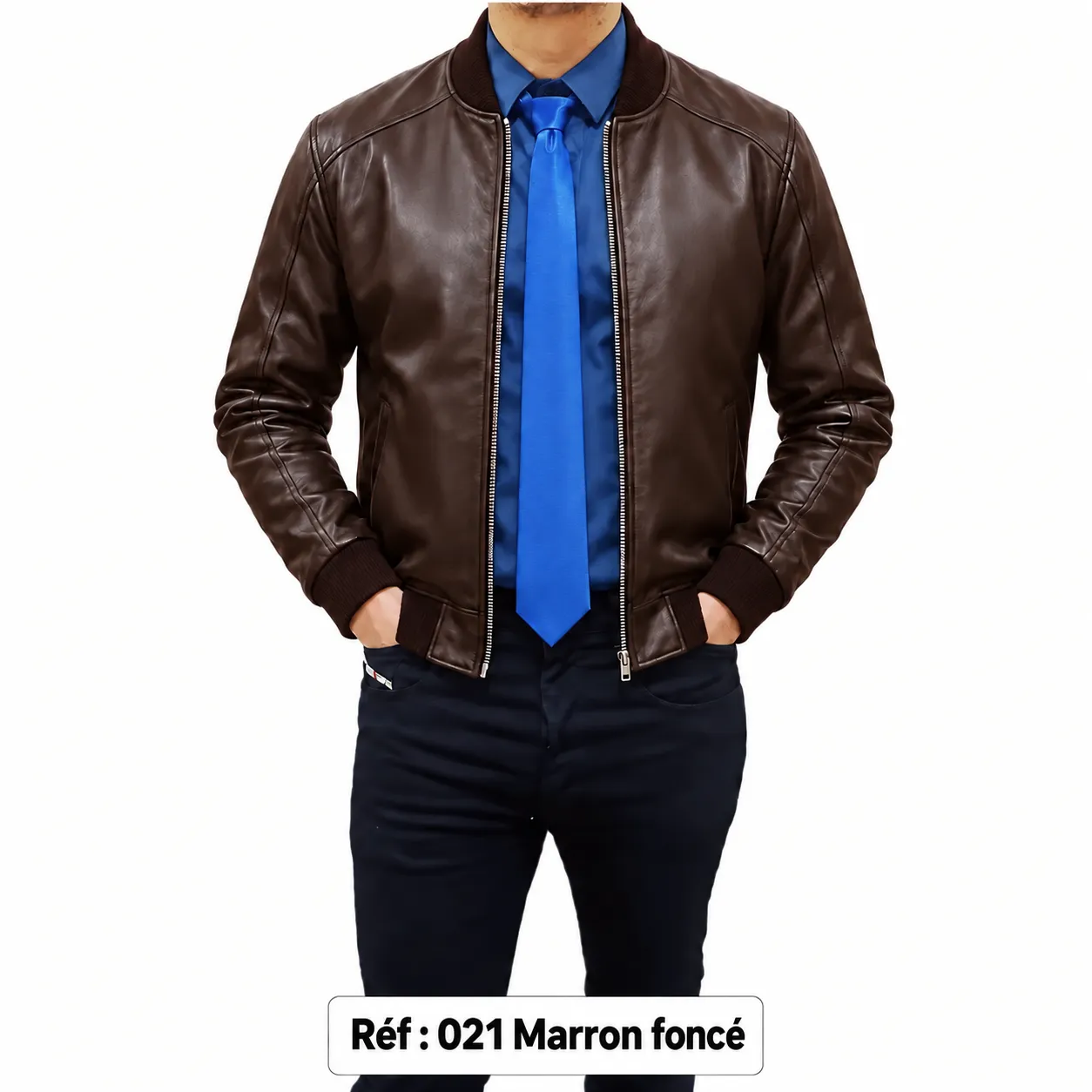 Blouson bomber en cuir MAZIRA Réf. 021 Marron foncé